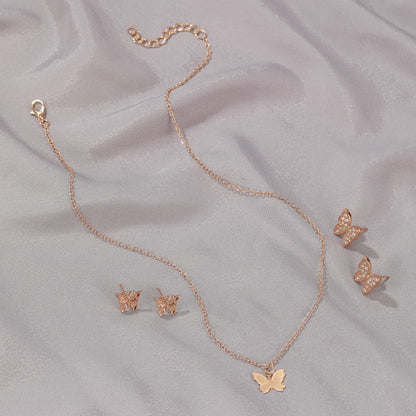 New Butterfly Necklace Simple Classic Butterfly Earrings Three-piece Set Wholesale Gooddiy