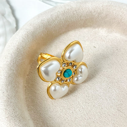 Wholesale Jewelry Classic Style Heart Shape Titanium Steel Artificial Pearls Turquoise Enamel Plating Inlay Adjustable Ring