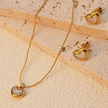 Wholesale Jewelry French Style Sweet Classic Style Heart Shape 304 Stainless Steel Shell 18K Gold Plated Plating Inlay Ear Studs Necklace Jewelry Set