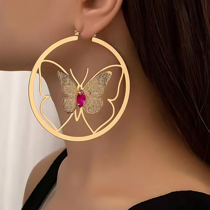 1 Pair Bohemian Pastoral Simple Style Solid Color Butterfly Hollow Out Inlay Titanium Steel Iron Rhinestones Imitation Gold  Gold Plated Earrings