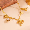 Wholesale Jewelry Cute Sweet Star Bow Knot Shell Titanium Steel Pearl 18K Gold Plated Hollow Out Inlay Pendant Necklace