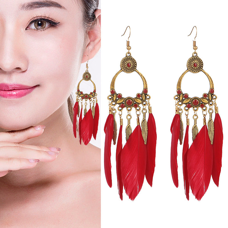 1 Pair Ethnic Style Feather Alloy Plating Women's Drop Earrings