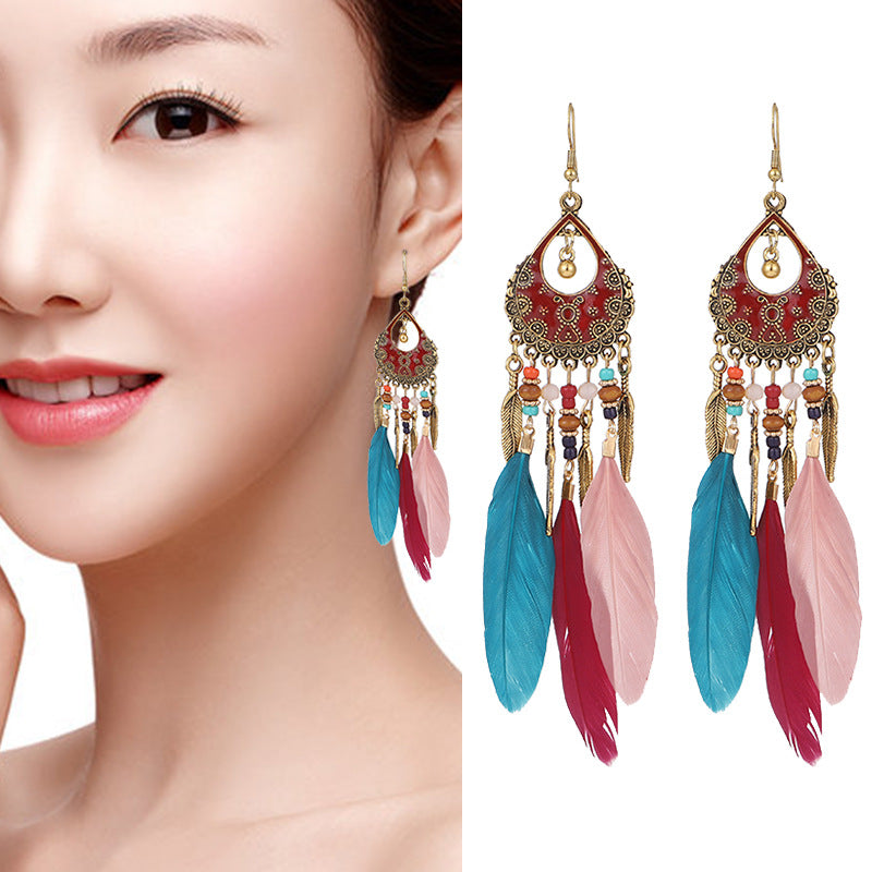 1 Pair Retro Feather Alloy Plating Women's Drop Earrings