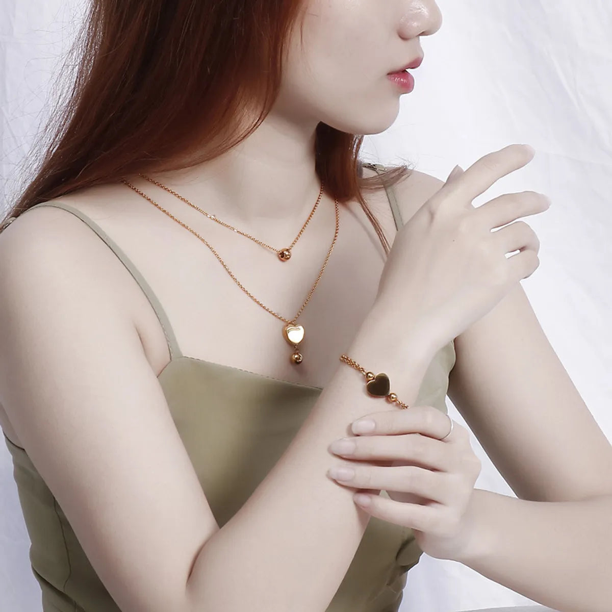 18k Popular Simple Stainless Steel Double Heart Necklace Bracelet Set Wholesale Gooddiy