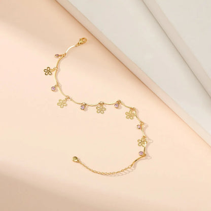 Pink Zircon Anklet For Women Copper Plating 18k Real Gold Fresh Flower Pendant Ornament Cross-border Hot Selling