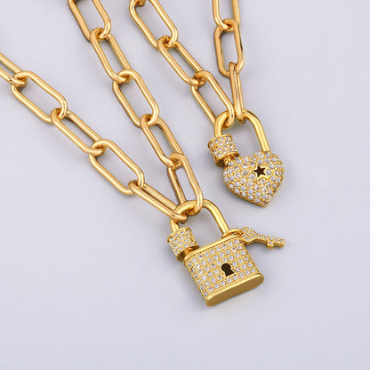 New  Micro-inlaid Zircon Lock-shaped Titanium Steel Pendant Necklace For Women