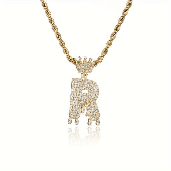1PC Personalized Name Letter Charm Necklace Bling Bling Full Diamond Cuban Link Unisex Name Initials Pendant Necklace With Crown