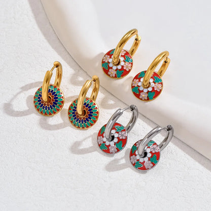 2 Pieces Vintage Style Ethnic Style Artistic Flower Enamel Plating Stainless Steel 18k Gold Plated White Gold Plated Drop Earrings