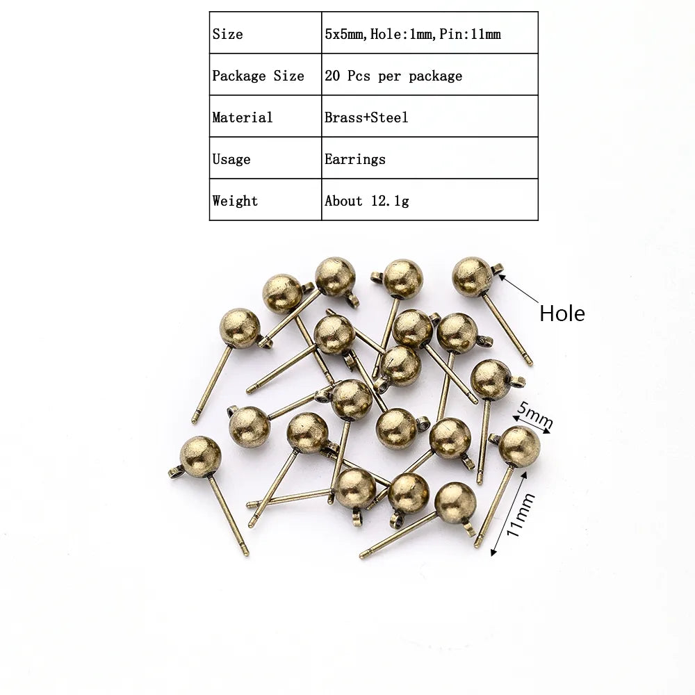 20 PCS/Package 5 * 11mm Hole 1~1.9mm Steel Copper Imitation Gold  White Gold Plated Silver Plated Ball Polished Earring Findings