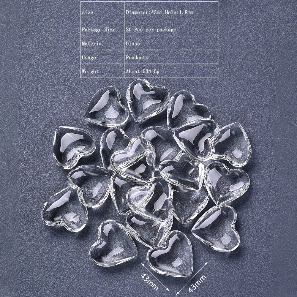 20 PCS/Package Diameter 43mm Hole 1~1.9mm Glass Heart Shape Sparkly Pendant Suncatcher Raw Material