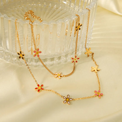 201 Stainless Steel 304 Stainless Steel 18K Gold Plated Beach Simple Style Classic Style Enamel Plating Flower Bracelets Necklace