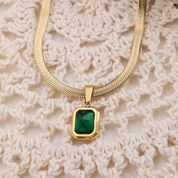 201 Stainless Steel 304 Stainless Steel 18K Gold Plated Simple Style Inlay Square Natural Stone Pendant Necklace