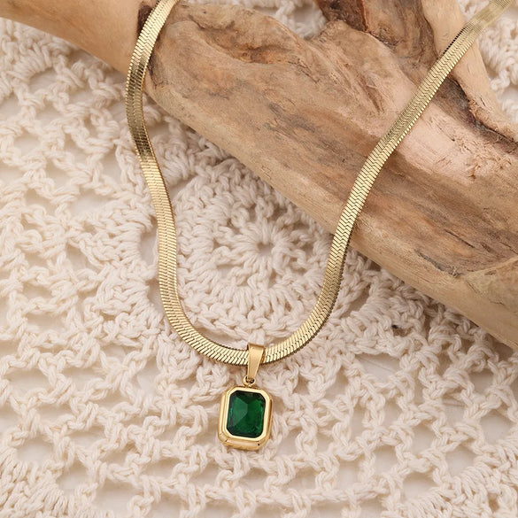 201 Stainless Steel 304 Stainless Steel 18K Gold Plated Simple Style Inlay Square Natural Stone Pendant Necklace