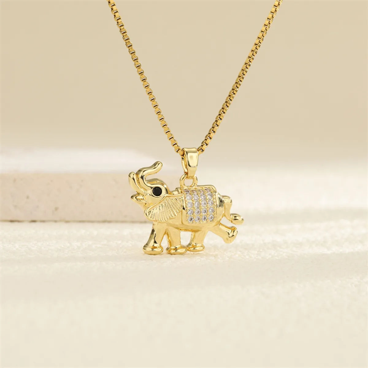 201 Stainless Steel Brass 18K Gold Plated Hollow Out Inlay Elephant Zircon Pendant Necklace