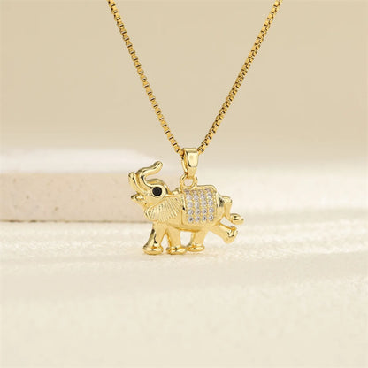 201 Stainless Steel Brass 18K Gold Plated Hollow Out Inlay Elephant Zircon Pendant Necklace