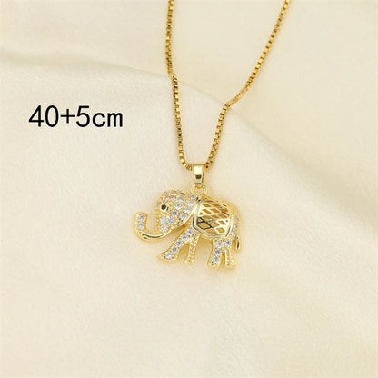 201 Stainless Steel Brass 18K Gold Plated Hollow Out Inlay Elephant Zircon Pendant Necklace