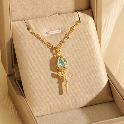 201 Stainless Steel Brass 18K Gold Plated Hollow Out Inlay Flower Zircon Pendant Necklace