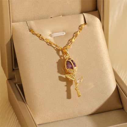 201 Stainless Steel Brass 18K Gold Plated Hollow Out Inlay Flower Zircon Pendant Necklace