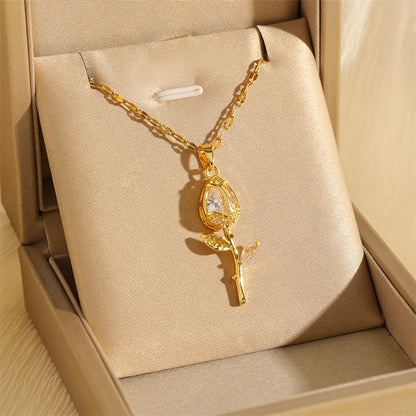 201 Stainless Steel Brass 18K Gold Plated Hollow Out Inlay Flower Zircon Pendant Necklace