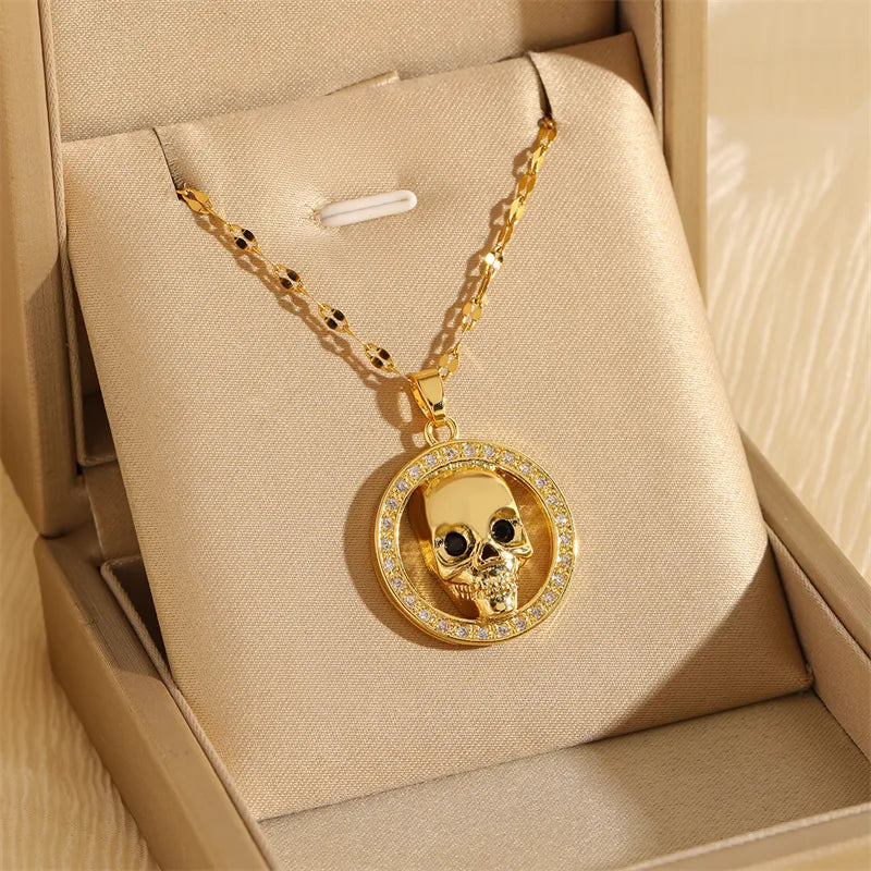 201 Stainless Steel Brass 18K Gold Plated Hollow Out Inlay Skull Zircon Pendant Necklace