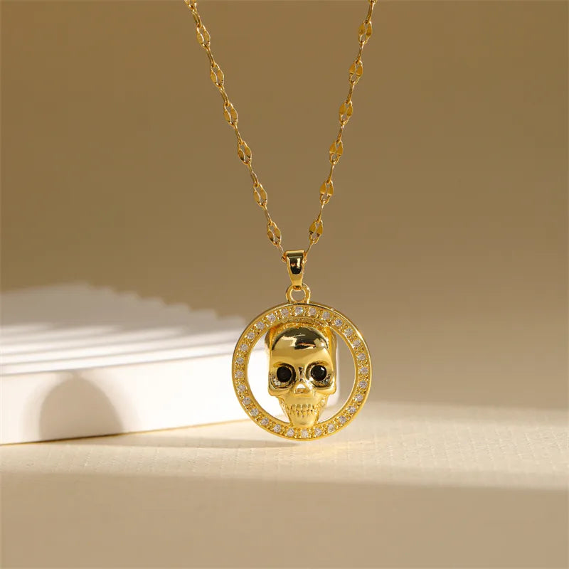 201 Stainless Steel Brass 18K Gold Plated Hollow Out Inlay Skull Zircon Pendant Necklace