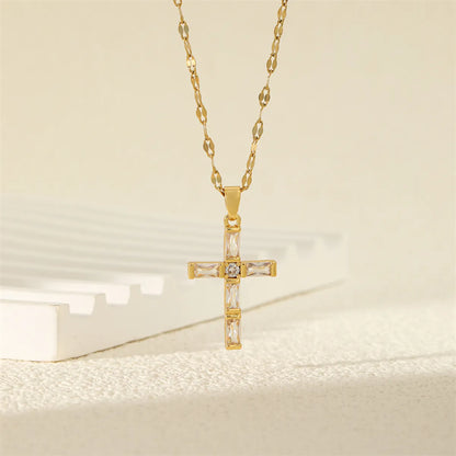 201 Stainless Steel Brass 18K Gold Plated Simple Style Classic Style Inlay Cross Zircon Pendant Necklace