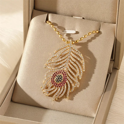 201 Stainless Steel Brass 18K Gold Plated Simple Style Classic Style Inlay Devil'S Eye Heart Shape Feather Zircon Pendant Necklace