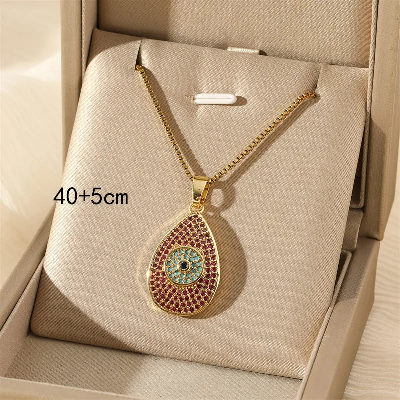 201 Stainless Steel Brass 18K Gold Plated Simple Style Classic Style Inlay Devil'S Eye Heart Shape Feather Zircon Pendant Necklace