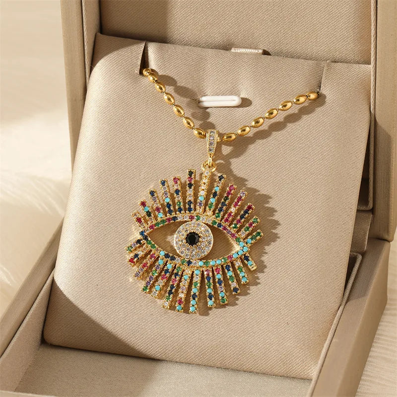 201 Stainless Steel Brass 18K Gold Plated Simple Style Classic Style Inlay Devil'S Eye Heart Shape Feather Zircon Pendant Necklace