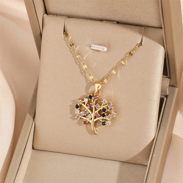 201 Stainless Steel Brass 18K Gold Plated Simple Style Classic Style Plating Inlay Heart Shape Life Tree Eye Zircon Pendant Necklace