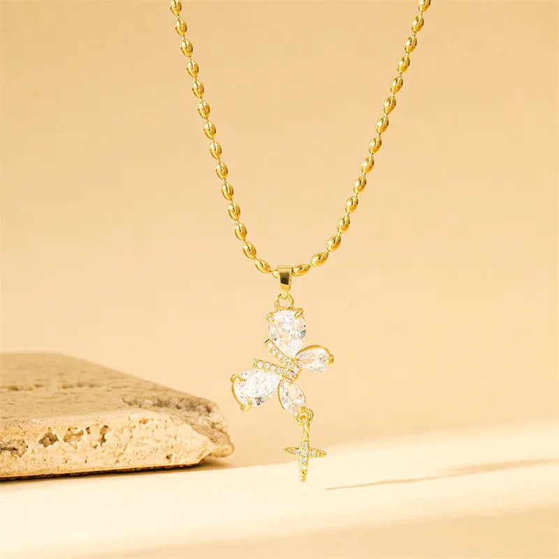 201 Stainless Steel Brass 18K Gold Plated Sweet Simple Style Classic Style Plating Inlay Heart Shape Flower Butterfly Zircon Pendant Necklace