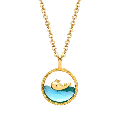 201 Stainless Steel Copper 18K Gold Plated Hollow Out Whale Glass Pendant Necklace