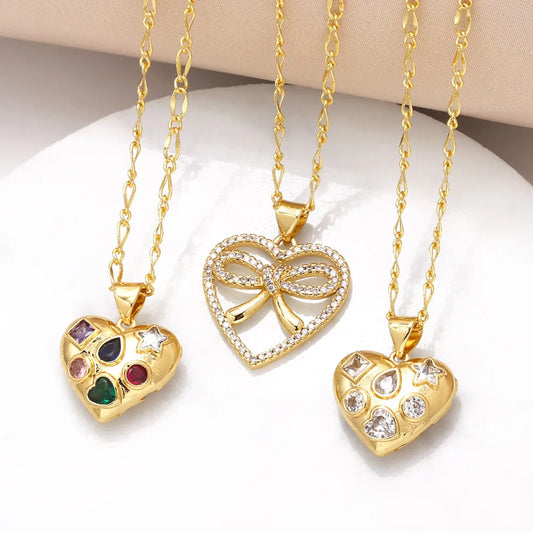 201 Stainless Steel Copper 18K Gold Plated Inlay Heart Shape Bow Knot Zircon Pendant Necklace