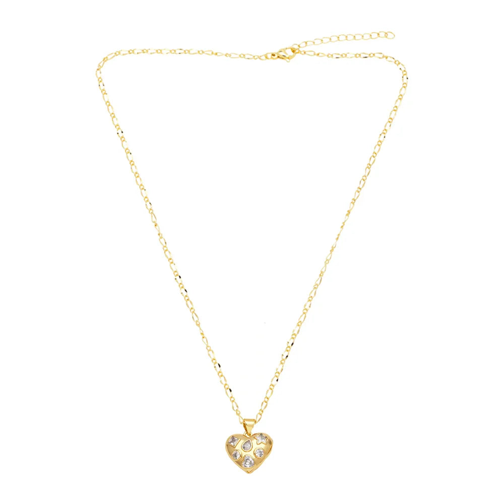 201 Stainless Steel Copper 18K Gold Plated Inlay Heart Shape Bow Knot Zircon Pendant Necklace