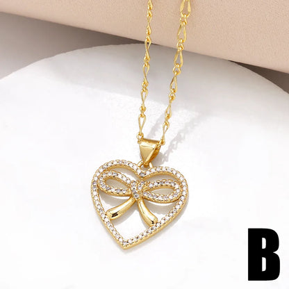 201 Stainless Steel Copper 18K Gold Plated Inlay Heart Shape Bow Knot Zircon Pendant Necklace