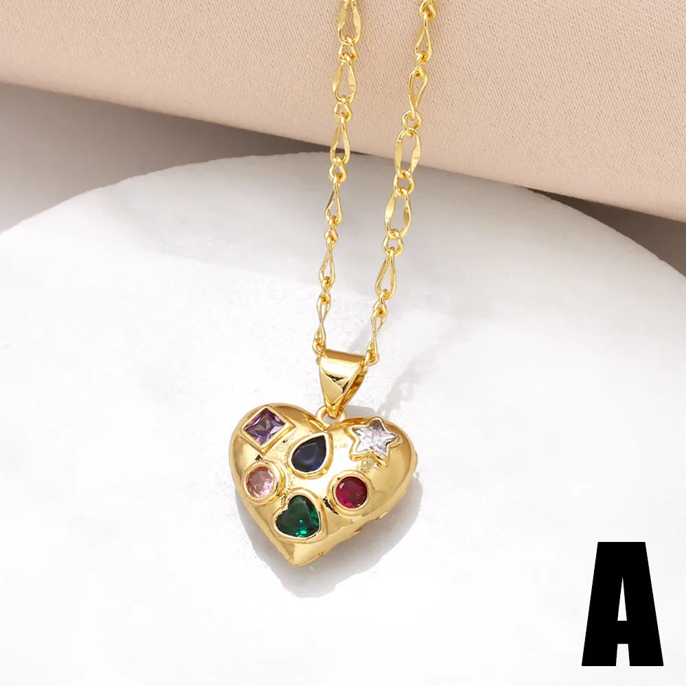 201 Stainless Steel Copper 18K Gold Plated Inlay Heart Shape Bow Knot Zircon Pendant Necklace