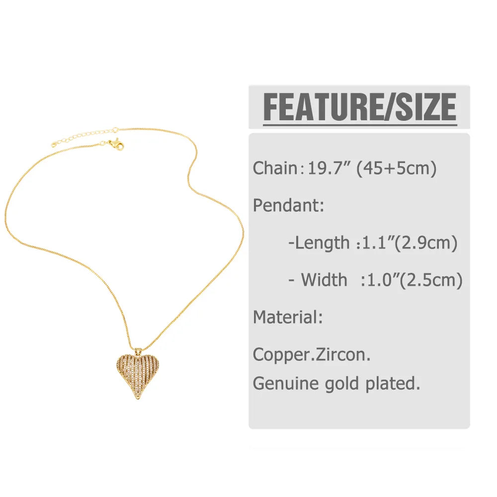 201 Stainless Steel Copper 18K Gold Plated Inlay Heart Shape Zircon Pendant Necklace