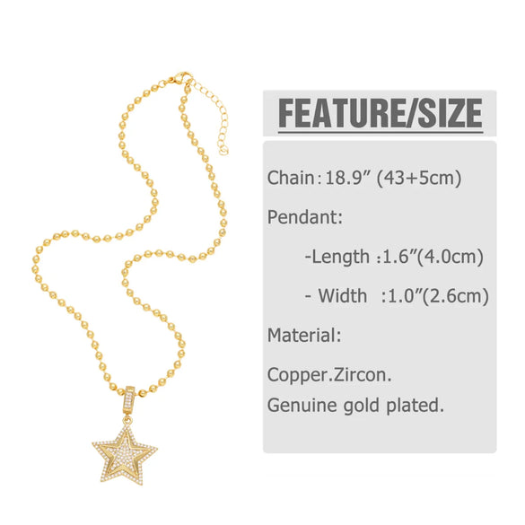 201 Stainless Steel Copper 18K Gold Plated Inlay Pentagram Zircon Pendant Necklace