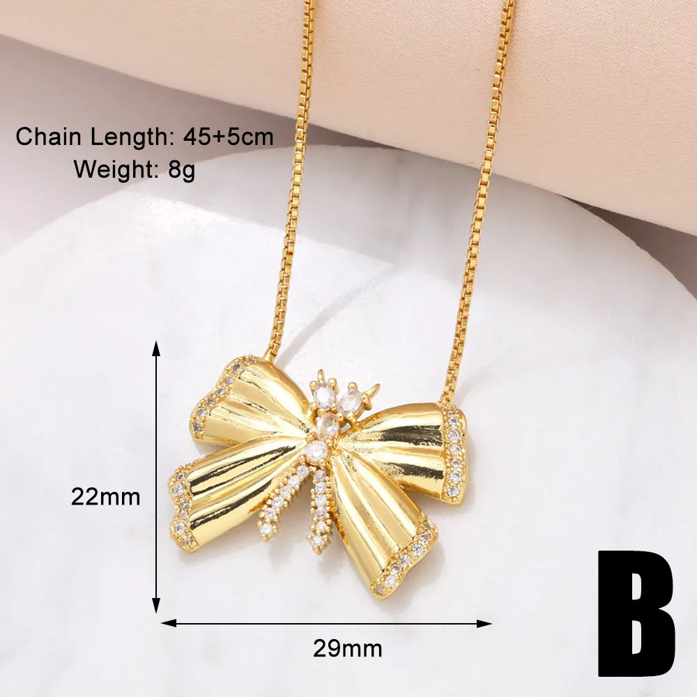 201 Stainless Steel Copper 18K Gold Plated Modern Style Simple Style Plating Inlay Bow Knot Zircon Pendant Necklace