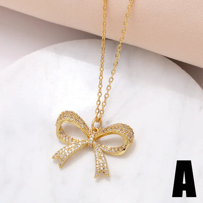 201 Stainless Steel Copper 18K Gold Plated Modern Style Simple Style Plating Inlay Bow Knot Zircon Pendant Necklace