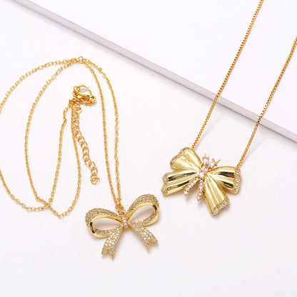 201 Stainless Steel Copper 18K Gold Plated Modern Style Simple Style Plating Inlay Bow Knot Zircon Pendant Necklace