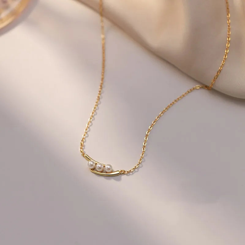 201 Stainless Steel Copper Gold Plated Inlay Geometric Artificial Pearls Pendant Necklace