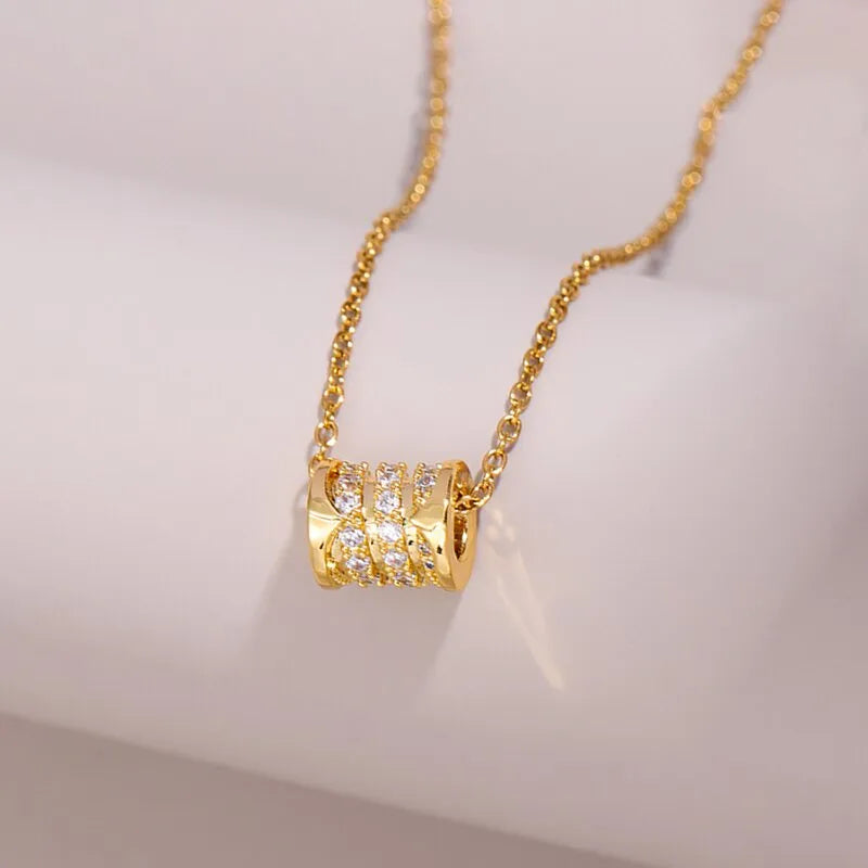 201 Stainless Steel Copper Gold Plated Inlay Geometric Zircon Pendant Necklace