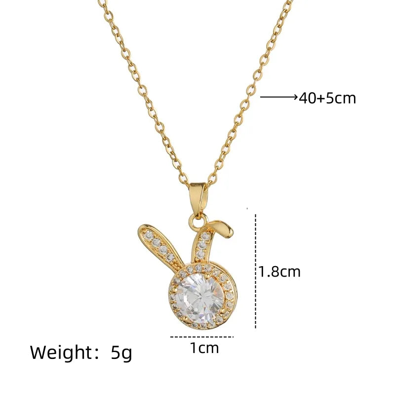 201 Stainless Steel Copper Gold Plated Inlay Rabbit Glass Stone Zircon Pendant Necklace