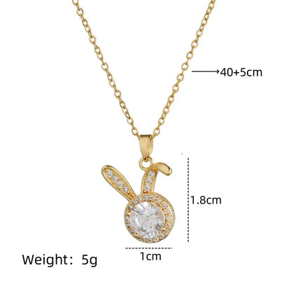 201 Stainless Steel Copper Gold Plated Inlay Rabbit Glass Stone Zircon Pendant Necklace