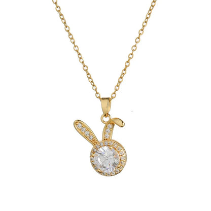 201 Stainless Steel Copper Gold Plated Inlay Rabbit Glass Stone Zircon Pendant Necklace