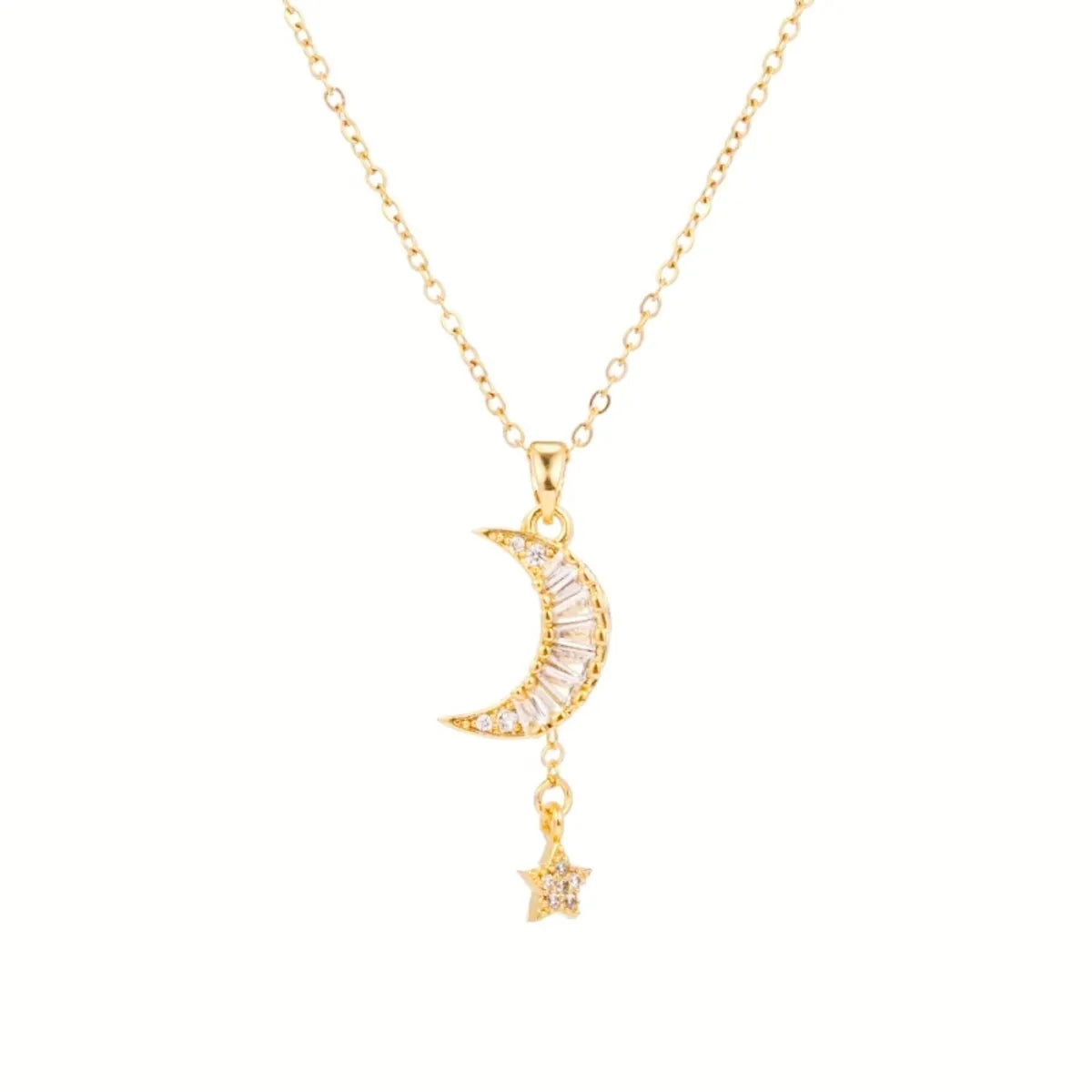 201 Stainless Steel Copper Gold Plated Plating Inlay Moon Glass Zircon Pendant Necklace