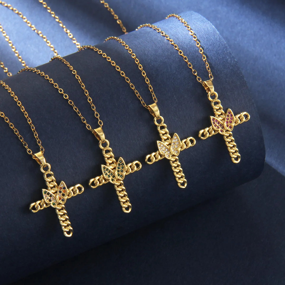 201 Stainless Steel Copper Gold Plated Retro Commute Plating Cross Zircon Pendant Necklace