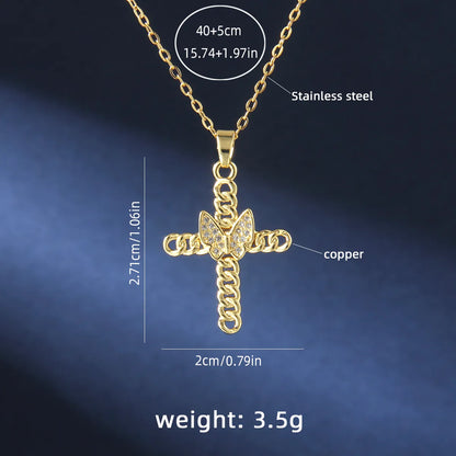 201 Stainless Steel Copper Gold Plated Retro Commute Plating Cross Zircon Pendant Necklace