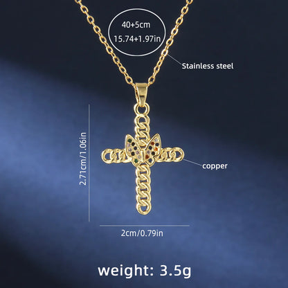 201 Stainless Steel Copper Gold Plated Retro Commute Plating Cross Zircon Pendant Necklace